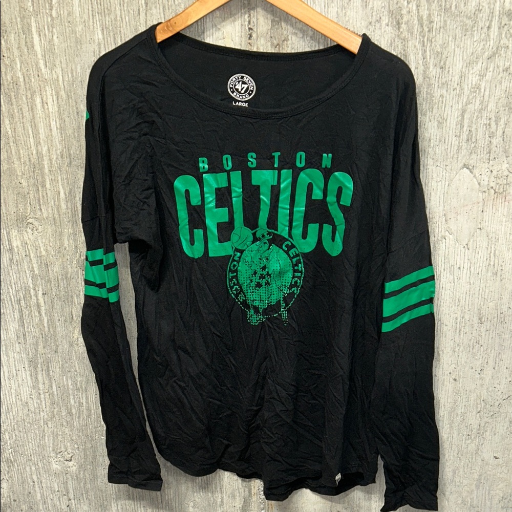 47 Brand Black Boston Celtics Long‎ Sleeve Tee with Green Logo Large